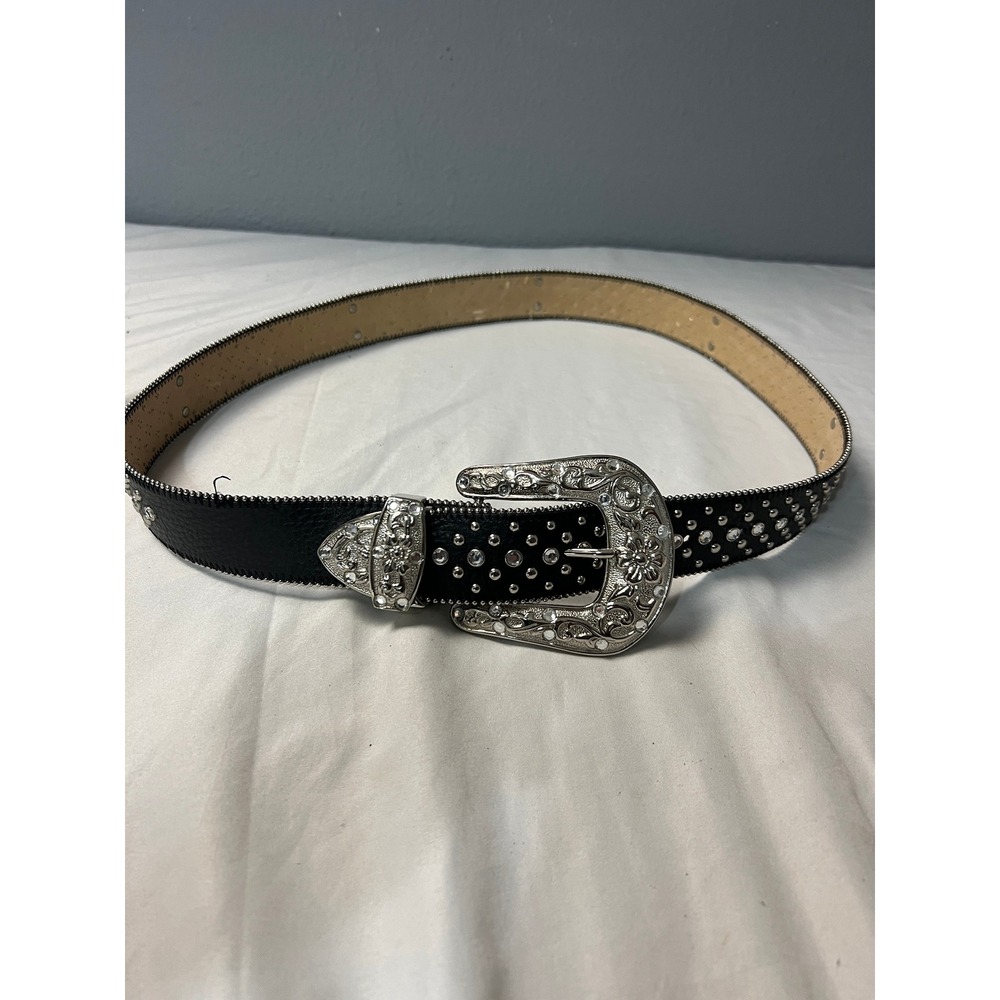 Country‎ Western Black Italian Leather Rhinestone Studded Belt Silver Buckle XL